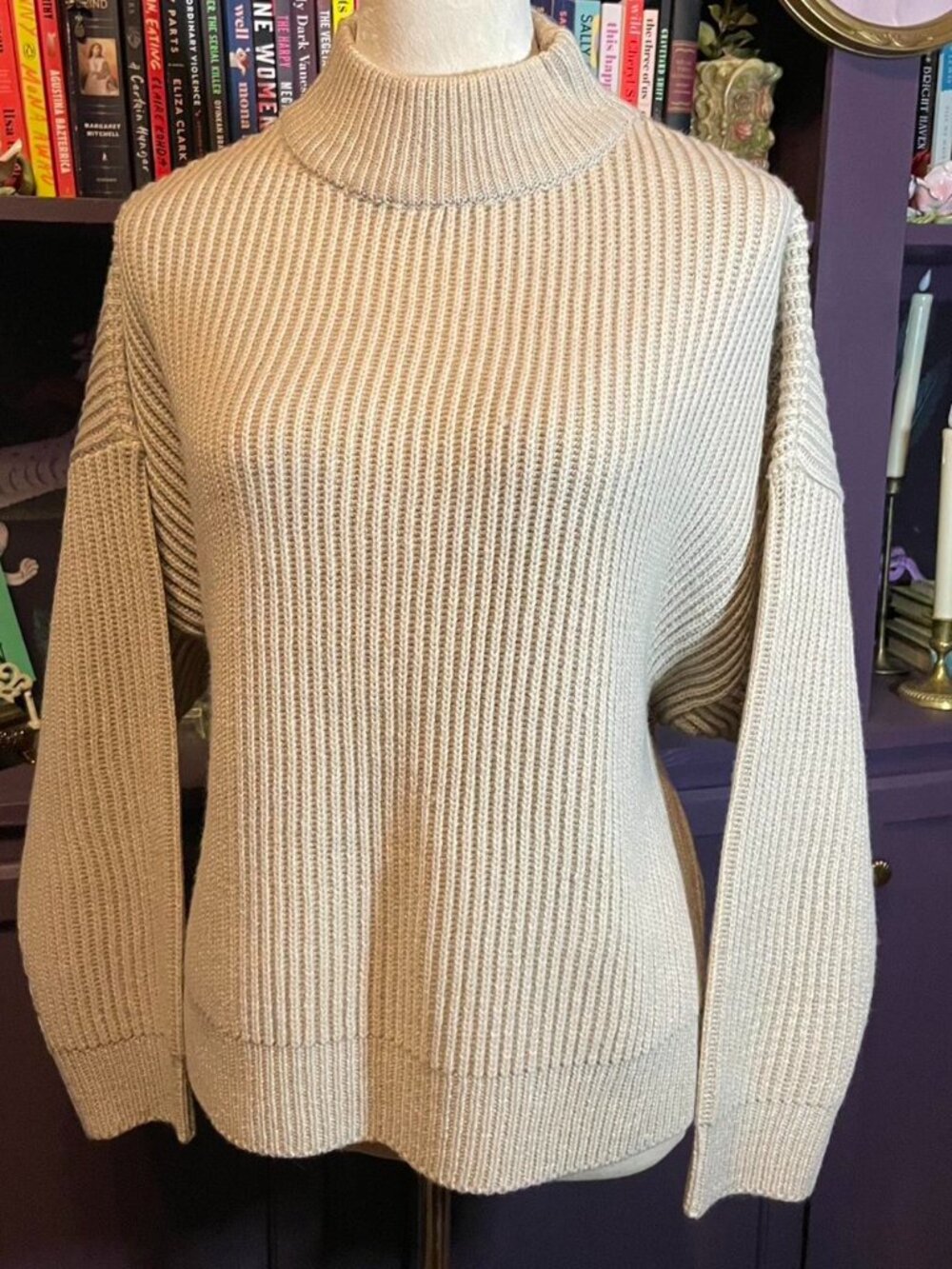 Women's Cream Oversized Knit Sweater with Mockneck